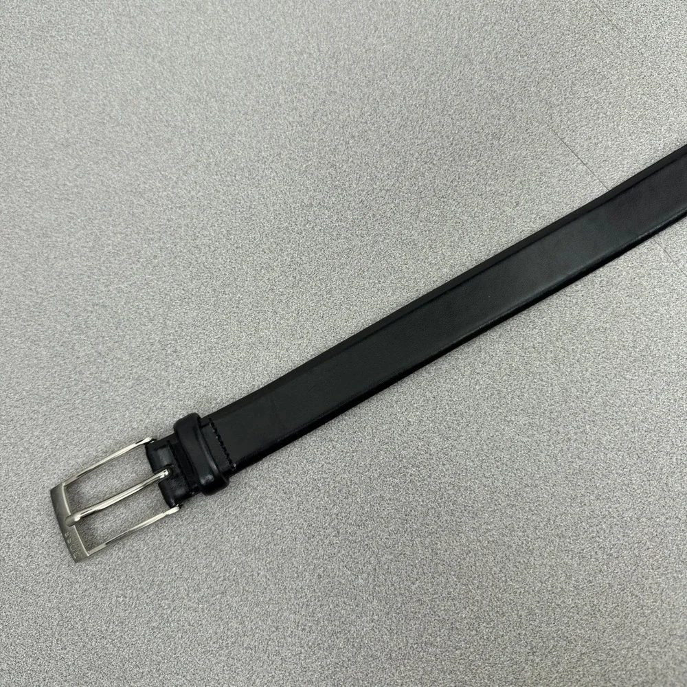 Hugo Boss Belt Mens 34 Black Leather Silver Buckle Dress Casual Formal Accessory